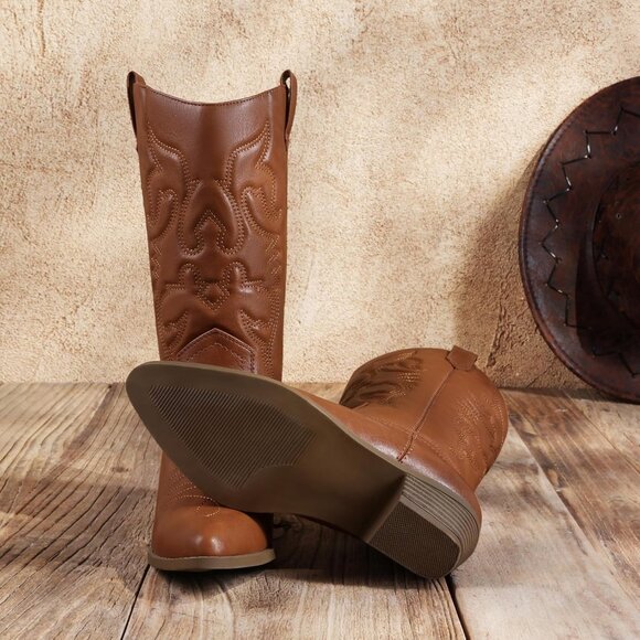 DREAM PAIRS Womens Tan Cowboy Boots Wide Calf Knee High Boots Ladies - Picture 5 of 7